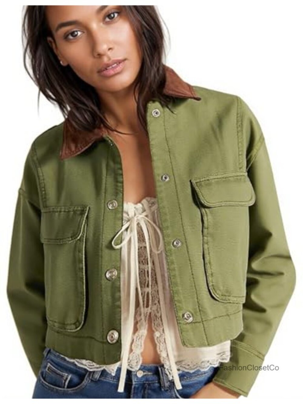 Women's Cropped Barn Jacket Cotton Canvas Utility Coat Long Sleeve